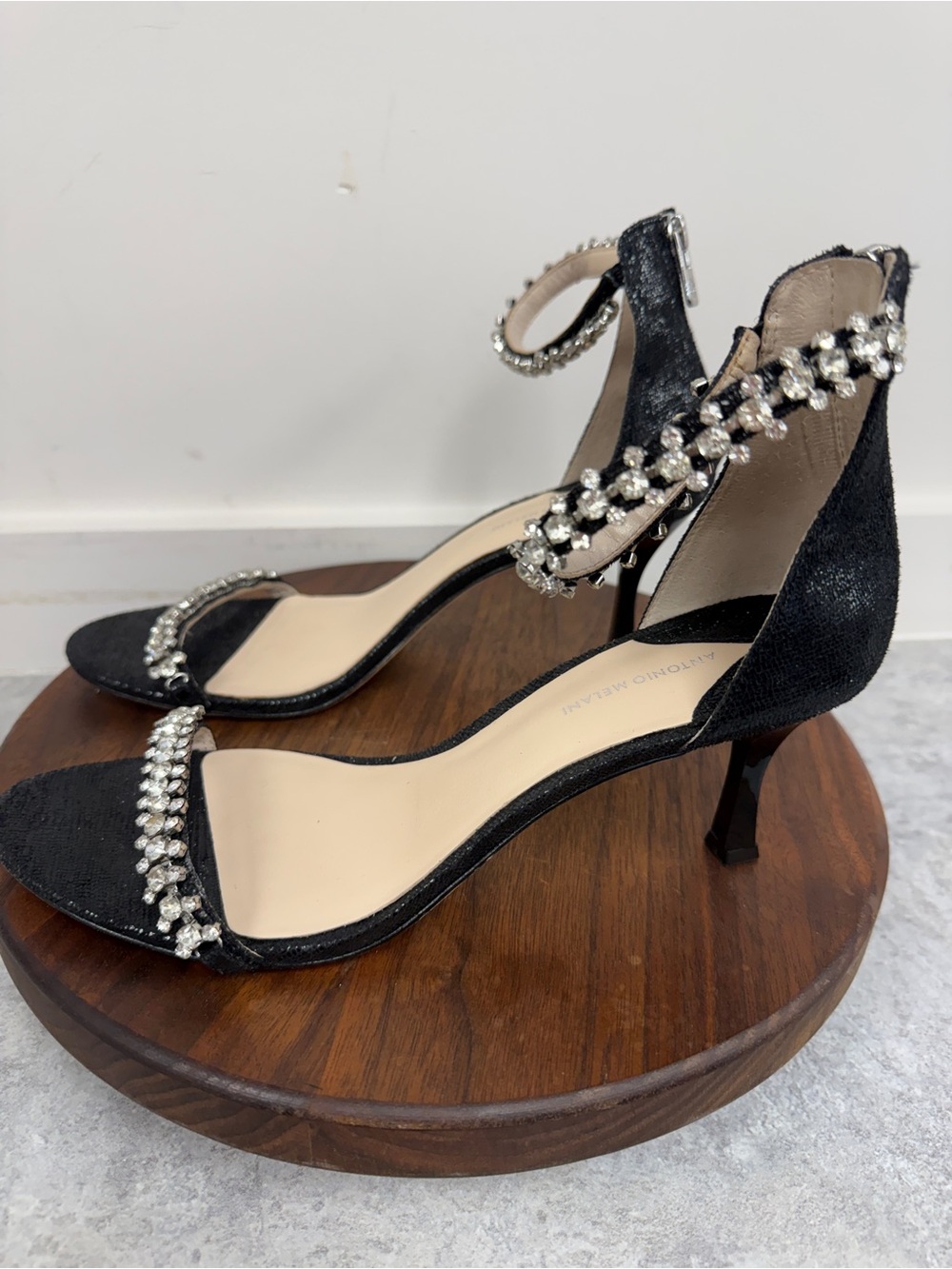 ANTONIO MELANI Black Crystal Ankle-Strap Kitten Heels sz 9